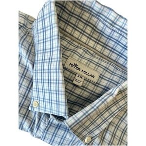 Peter Millar XXL‎ Blue Plaid Cotton Silk Button Down Shirt Long Sleeve Mens